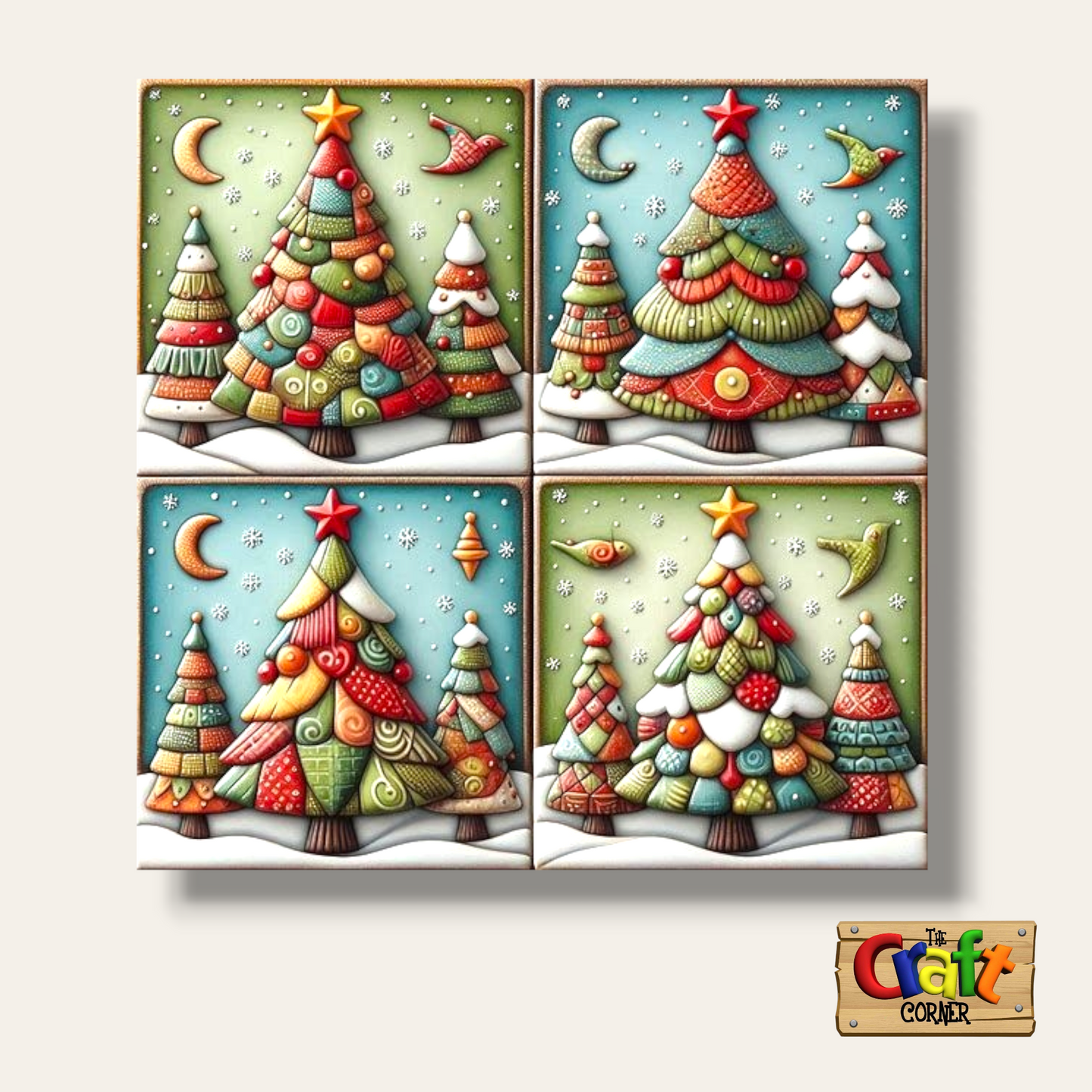 Coaster: Wooden 2D printed Christmas coaster set (Christmas trees patch)