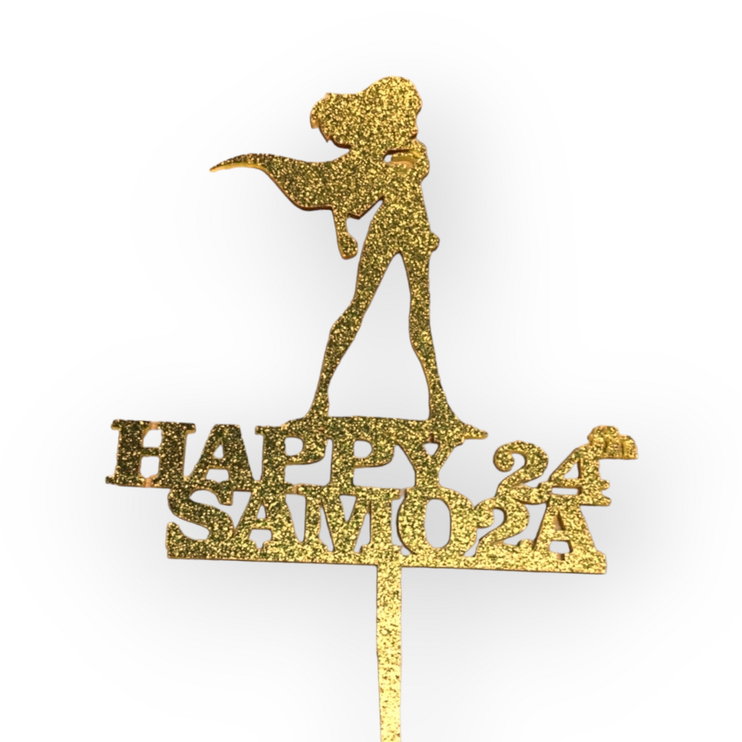 Glittery acrylic topper (gold) "superwoman "name""