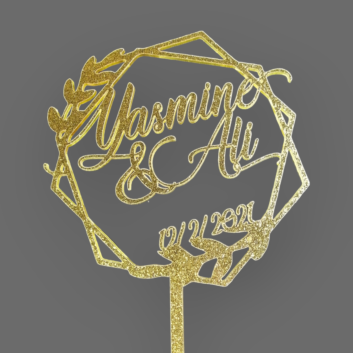 Glittery acrylic topper (gold) "Names & date in hexagon"