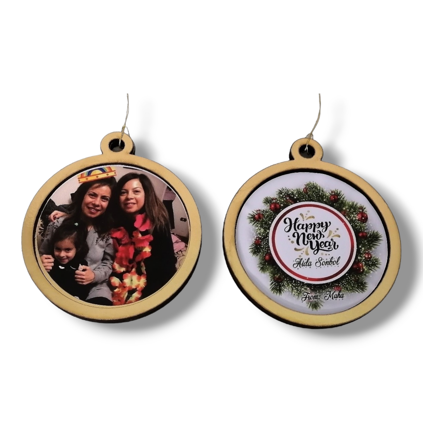 Ornament: Personalized Wooden double sided picture ornament