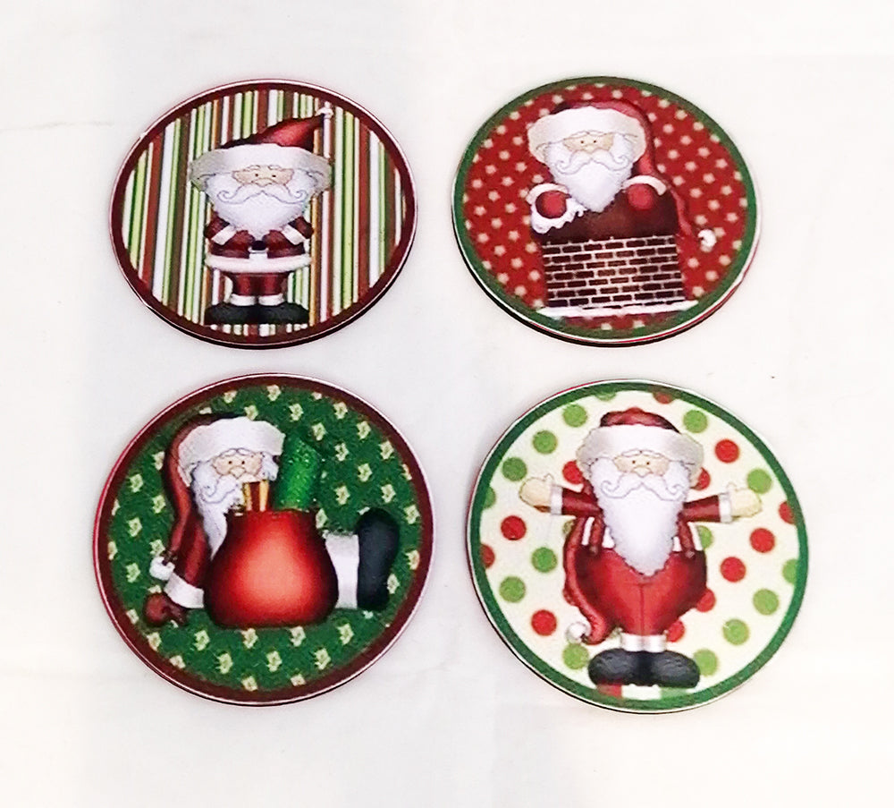 Coaster: Wooden 2D printed Christmas coaster set (rounded santas 1)