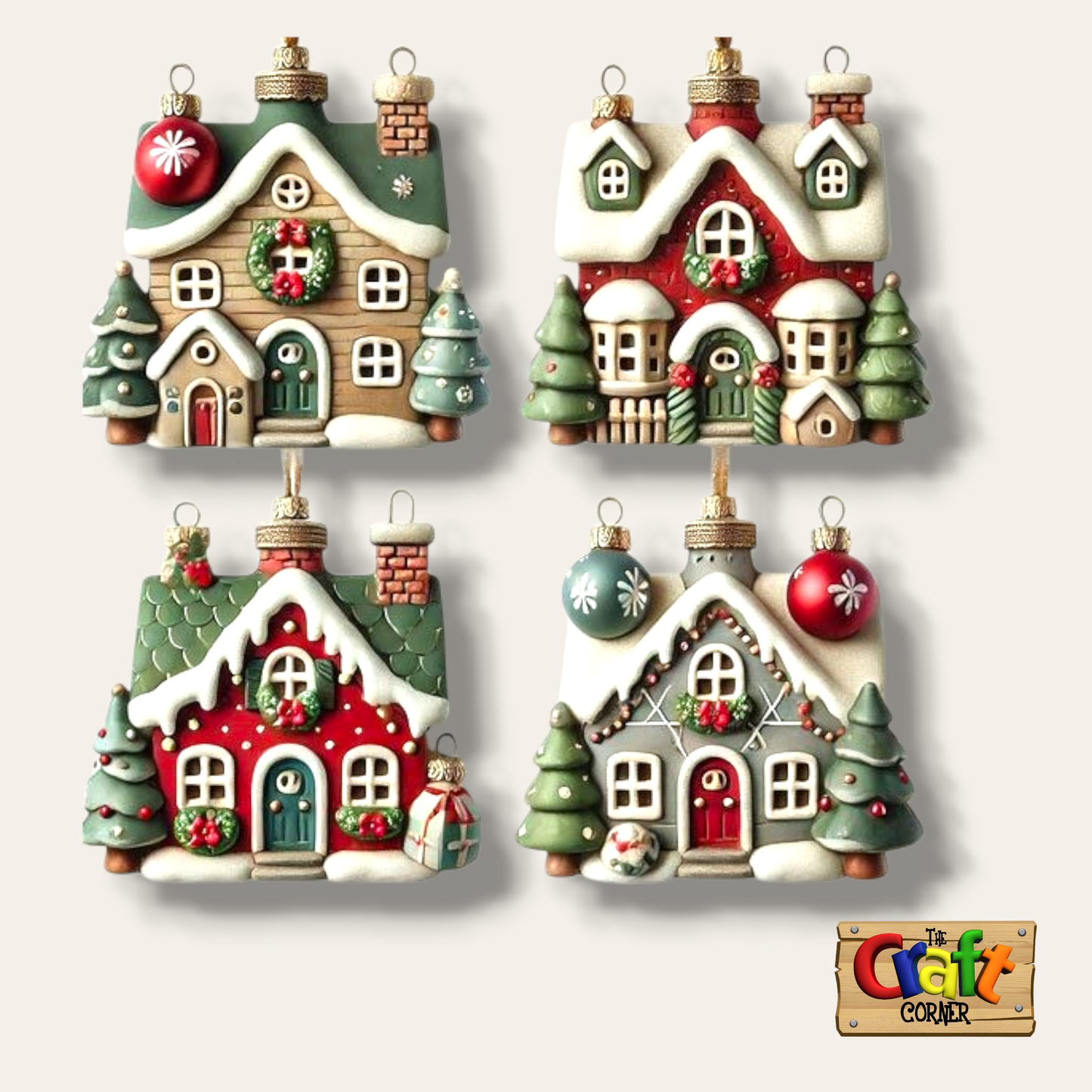 Ornament set: 2D printed wood Christmas ornaments (set of 4) houses