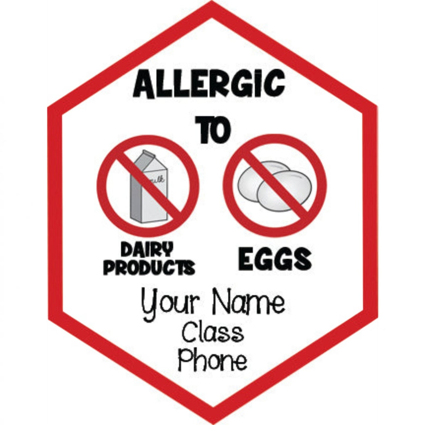 The Craft Corner EG allergy awareness label with dairy and egg icons, featuring space for name, class, and phone number.