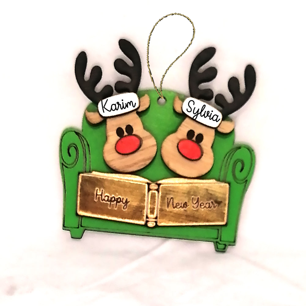 Personalized Reindeer on couch wooden ornament