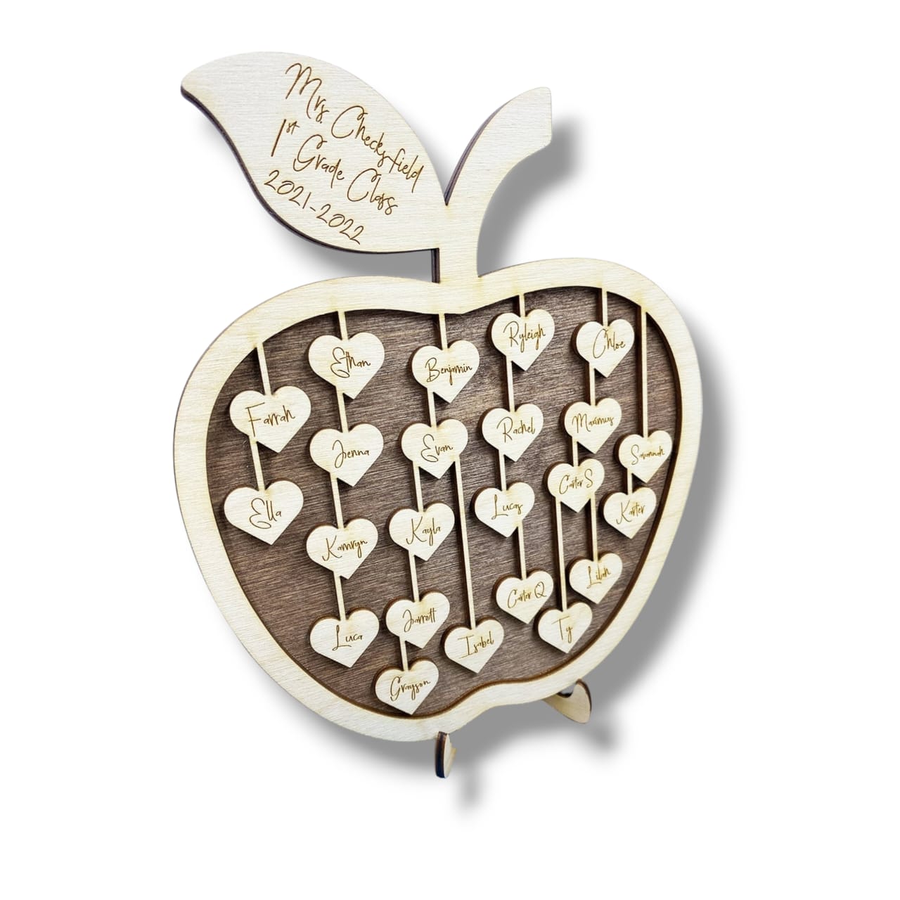 Wooden apple stand for teacher with engraved hearts