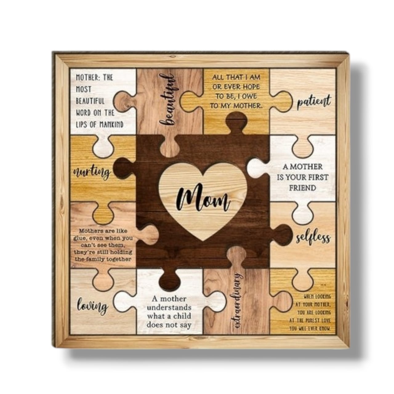 Wooden framed puzzle pieces stand