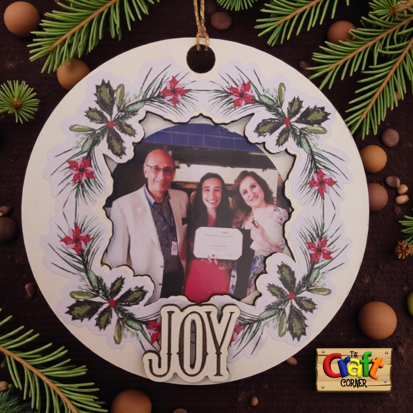 Ornament: Personalized Picture frame Wooden Festive joy