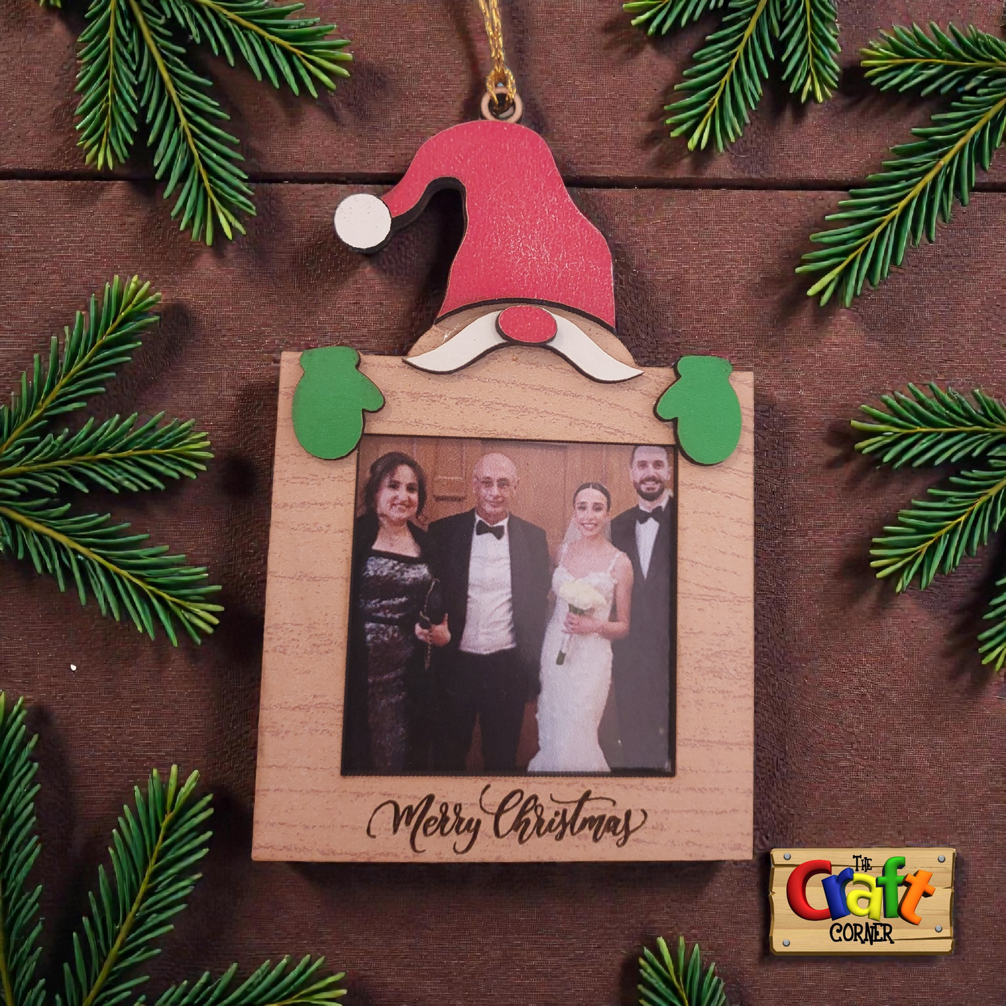 Ornament: Personalized Picture frame Wooden Gnome sweet Gnome