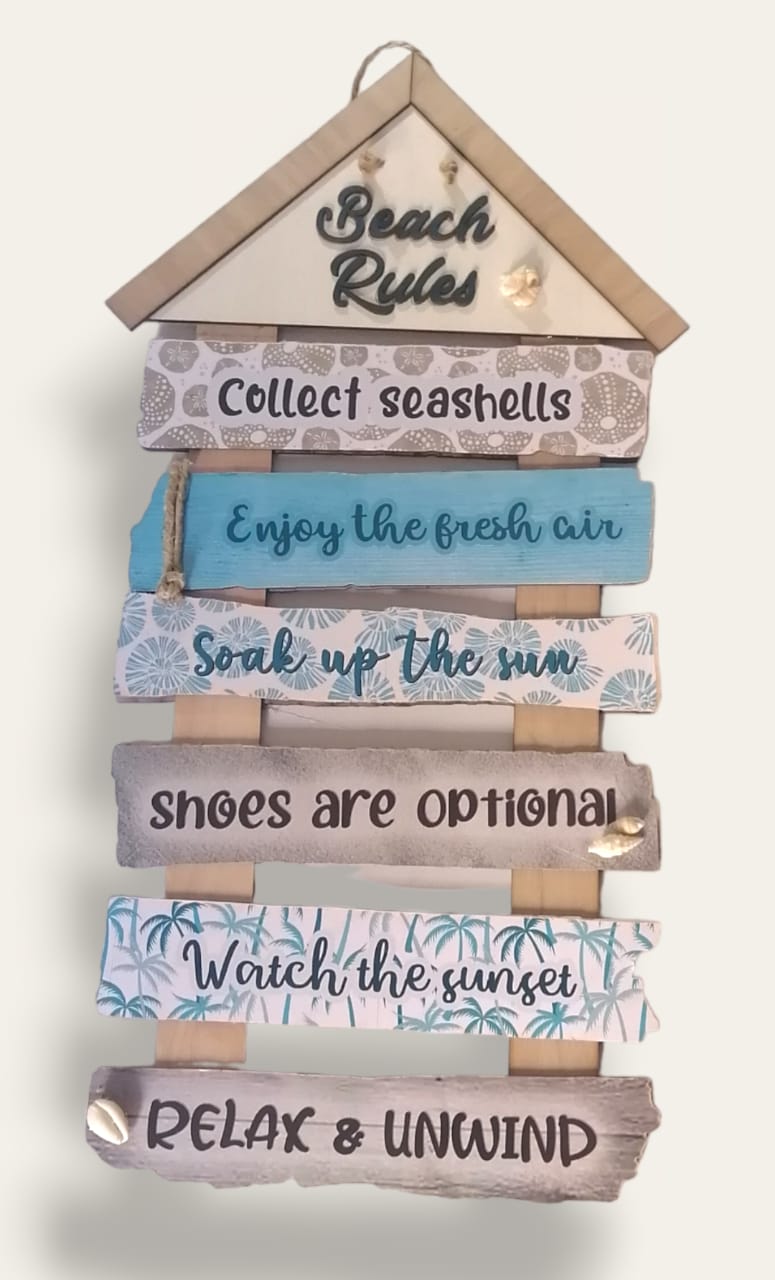 Beach rules printed wooden wall art