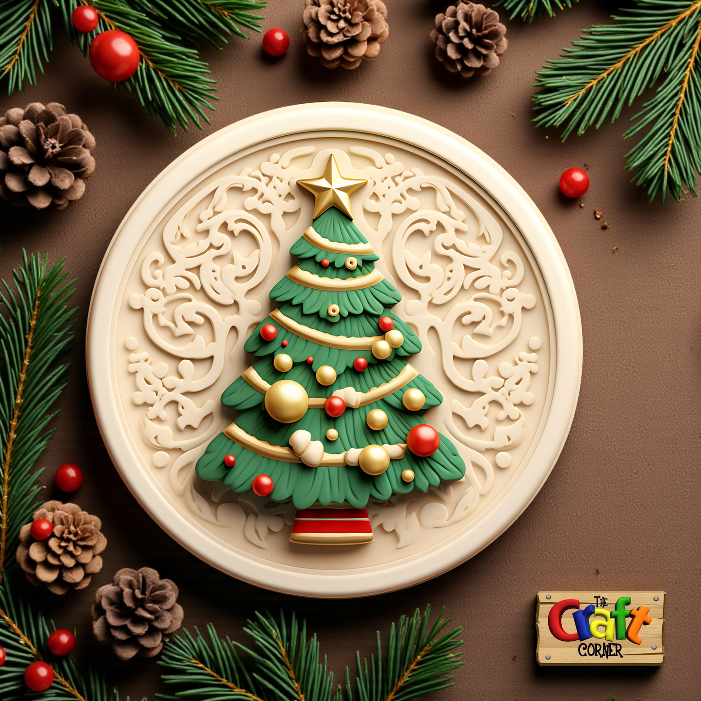 Coaster: Wooden 2D printed Christmas coaster set (Vintage trees 4)