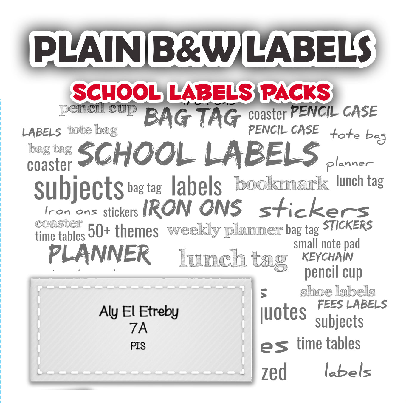 ""Plain labels B&W" School labels packs