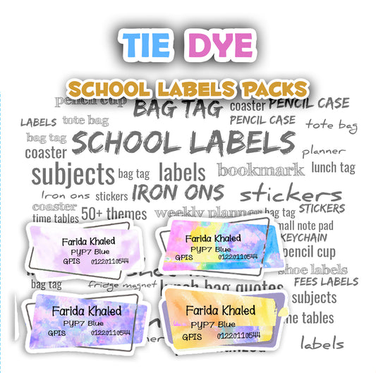 ""Tie dye" School labels packs