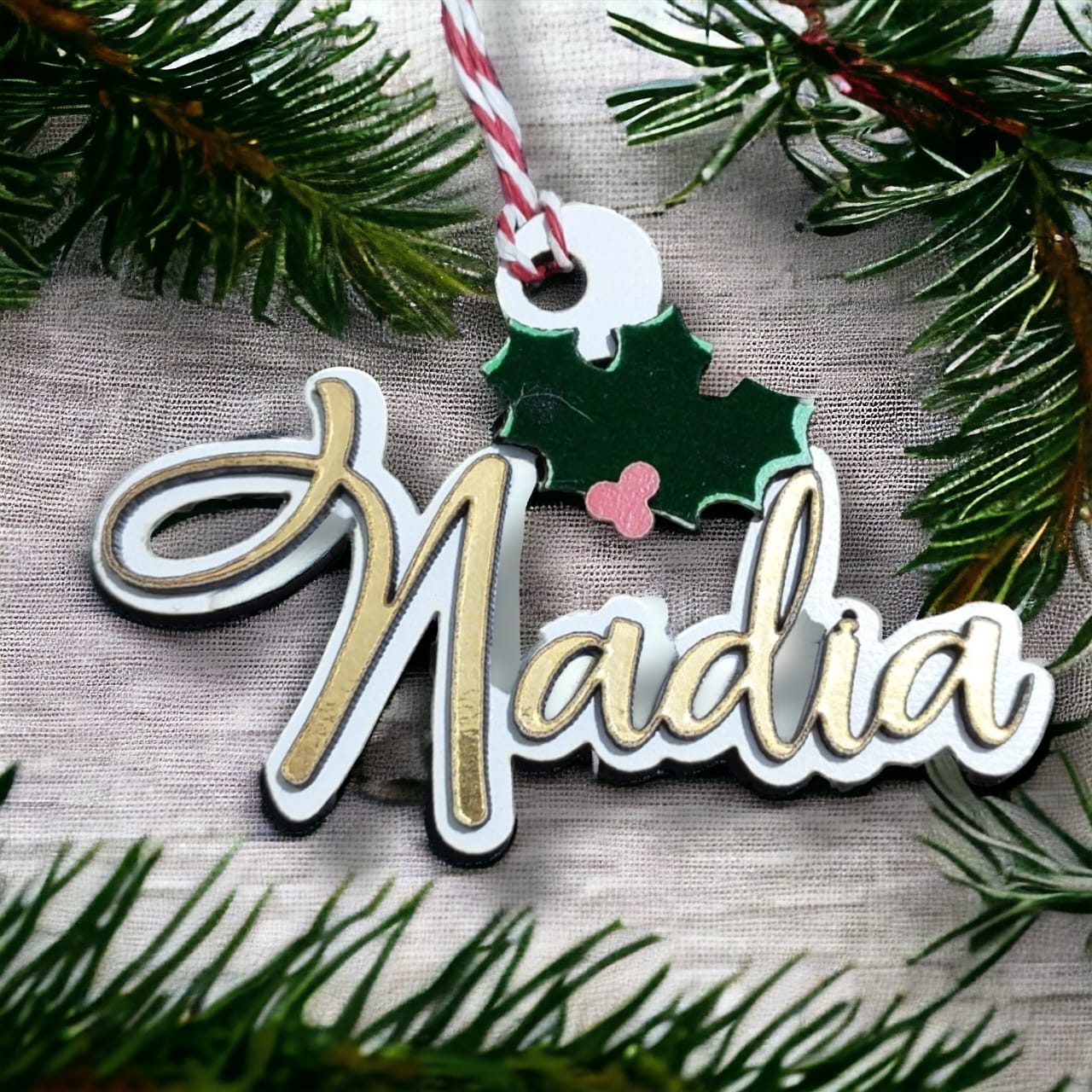 Ornament: Personalized italic layered wooden name ornament
