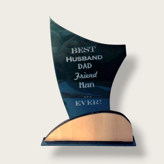 Engraved Acrylic and wood trophy stand