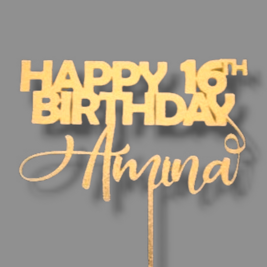Matte acrylic topper (gold) "Happy 'age' Birthday 'Name'"