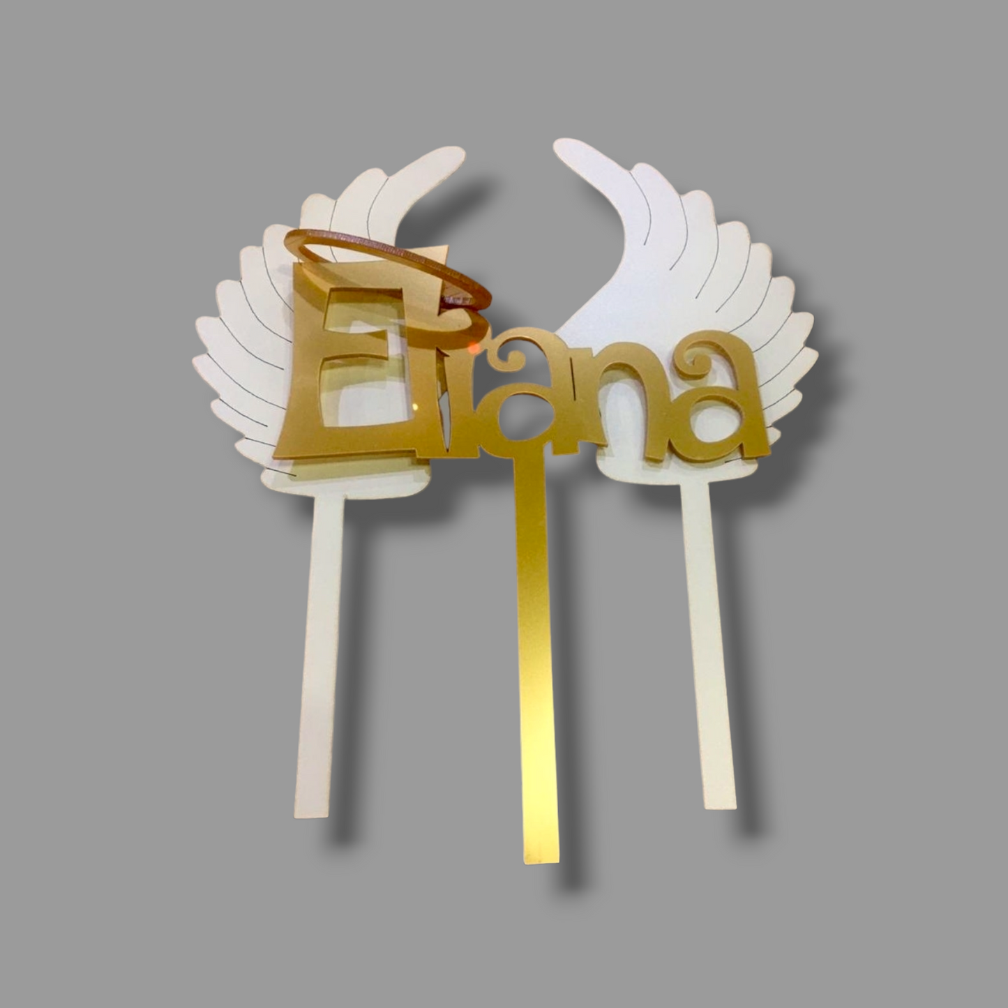 3 piece Matte acrylic topper (white and gold) "Name" with angel wings