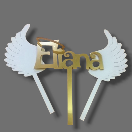 3 piece Matte acrylic topper (white and gold) "Name" with angel wings