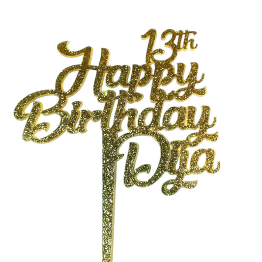 Glittery acrylic topper (gold) "Happy 'age' birthday 'Name'"