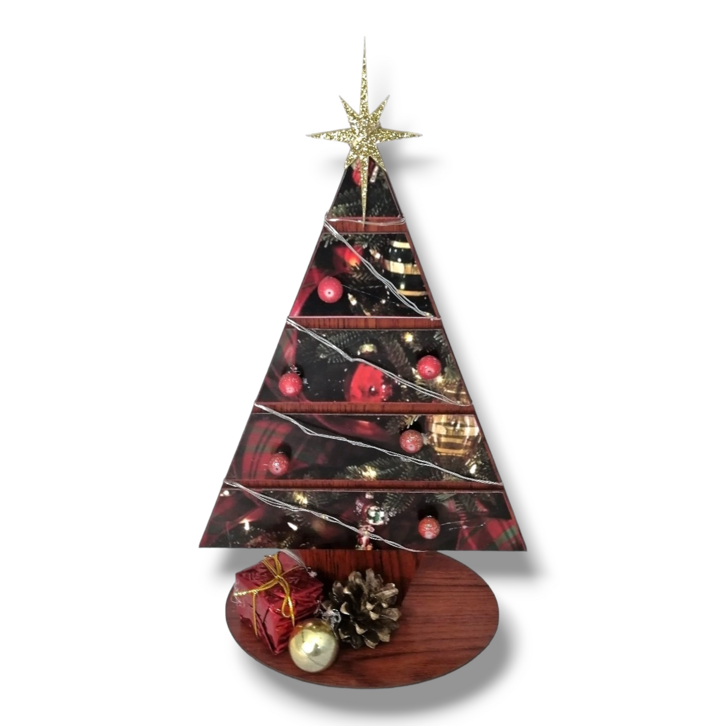 Christmas Tree: Wooden printed 2D christmas tree with lights