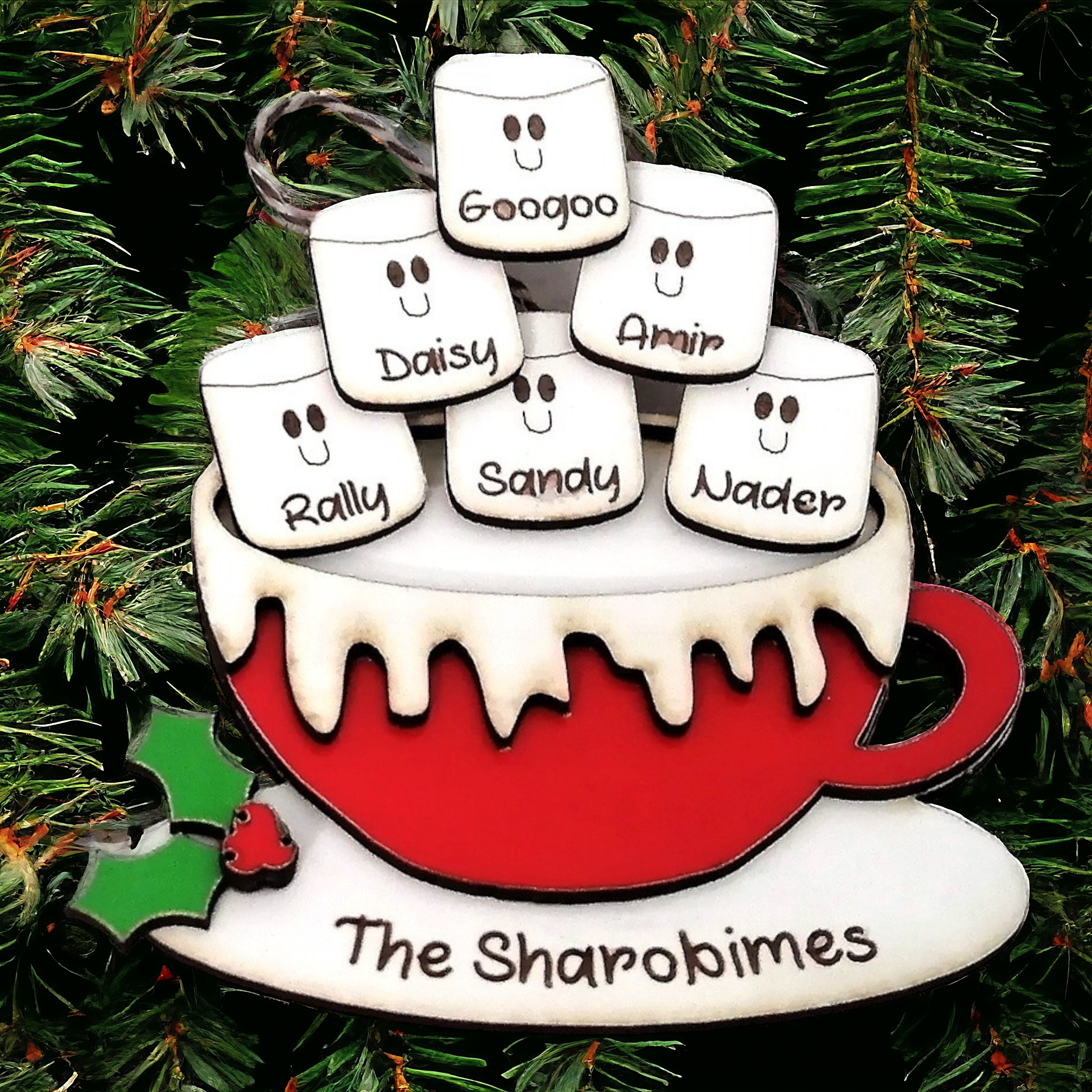 Ornament : Family Personalized marshmallow cup wooden ornament
