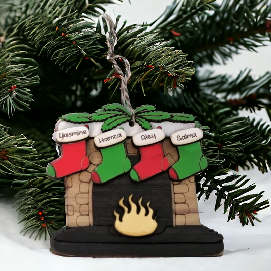 Personalized fireplace with stockings wooden ornament