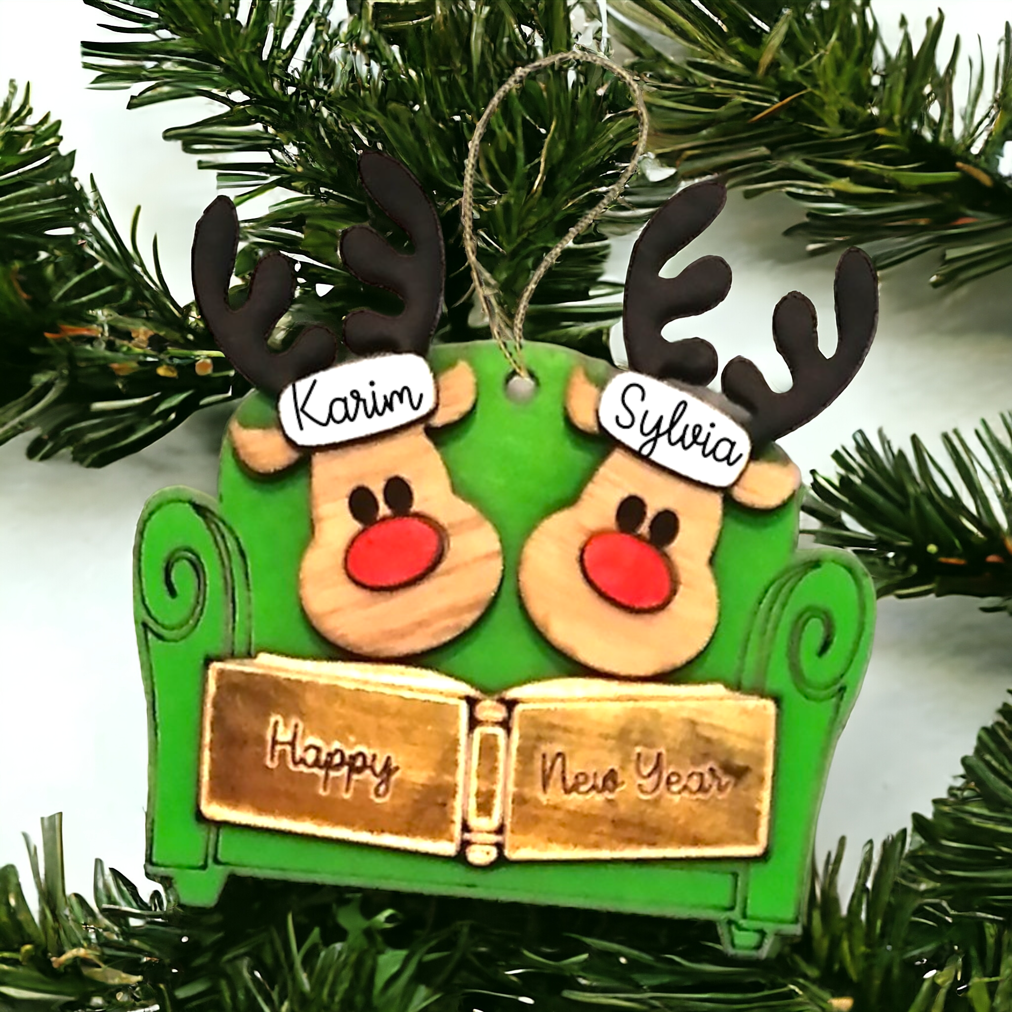 Ornament : Family personalized Reindeer on couch wooden ornament
