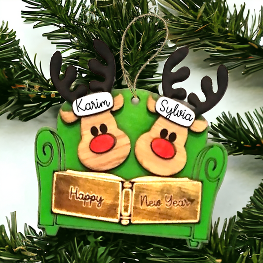Personalized Reindeer on couch wooden ornament