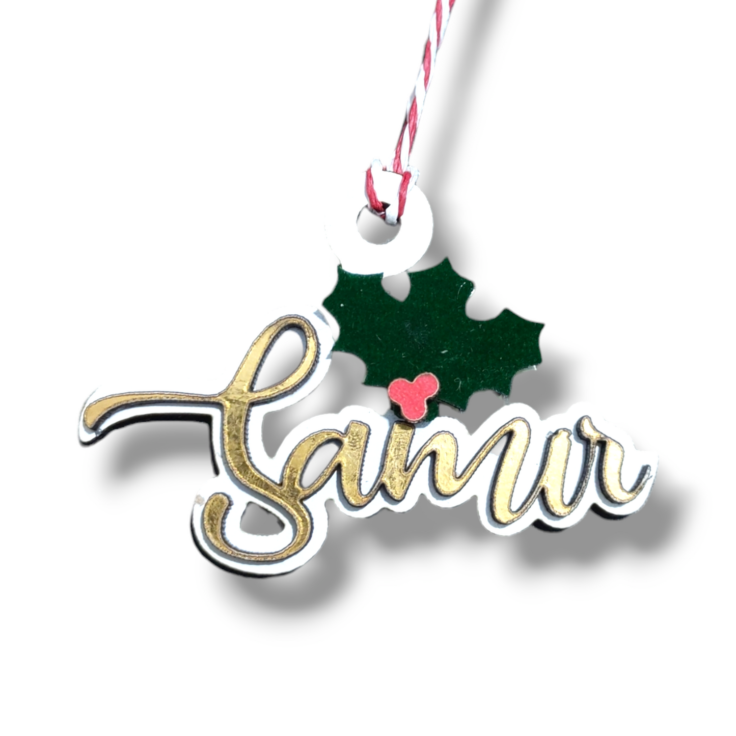 Ornament: Personalized italic layered wooden name ornament