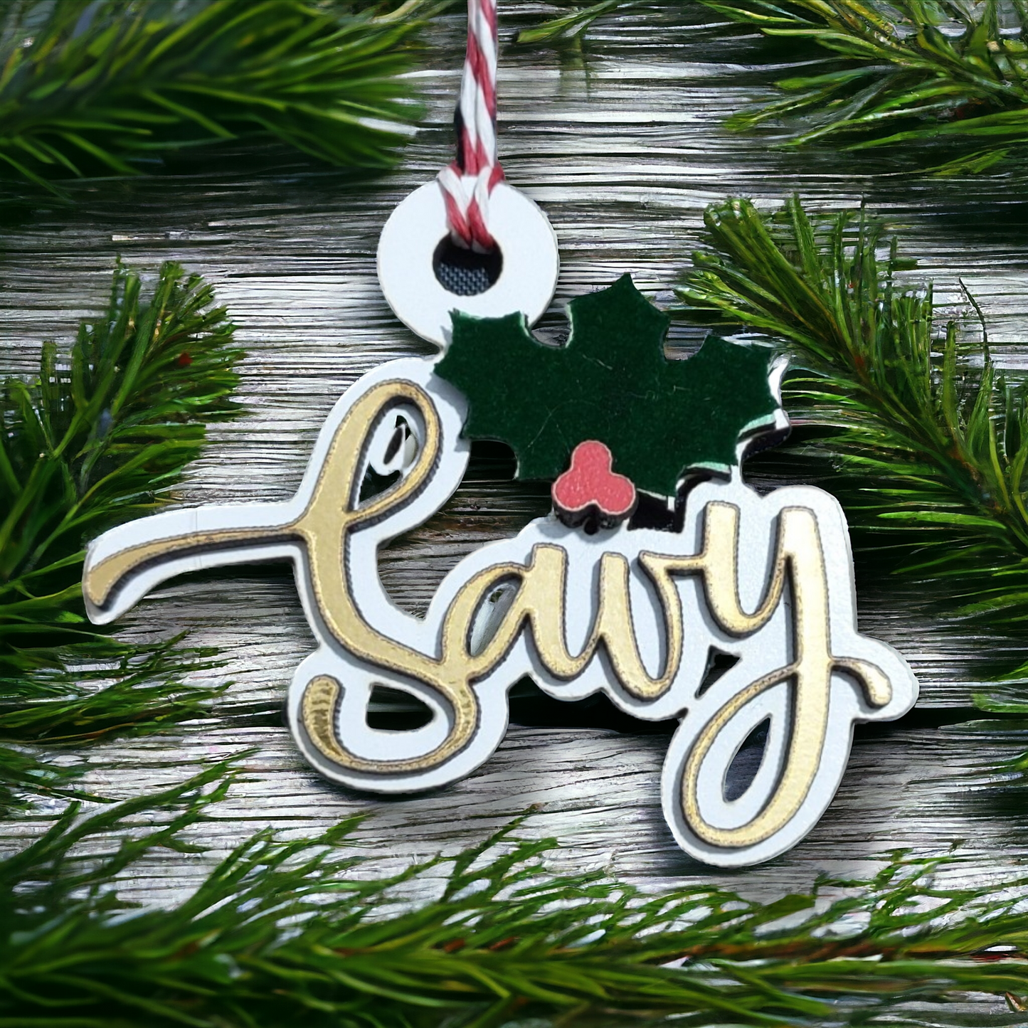 Ornament: Personalized italic layered wooden name ornament