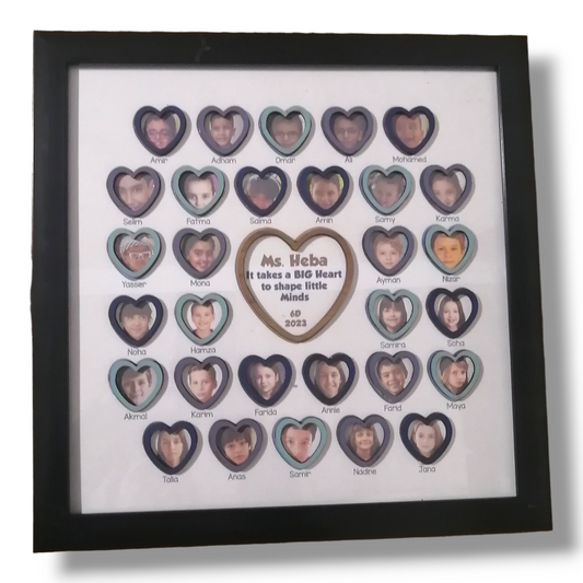 Students pictures in wooden hearts for Teacher