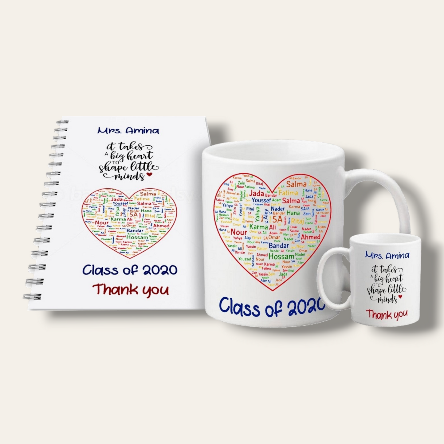 Teacher mug and notebook set (Students' names in heart)