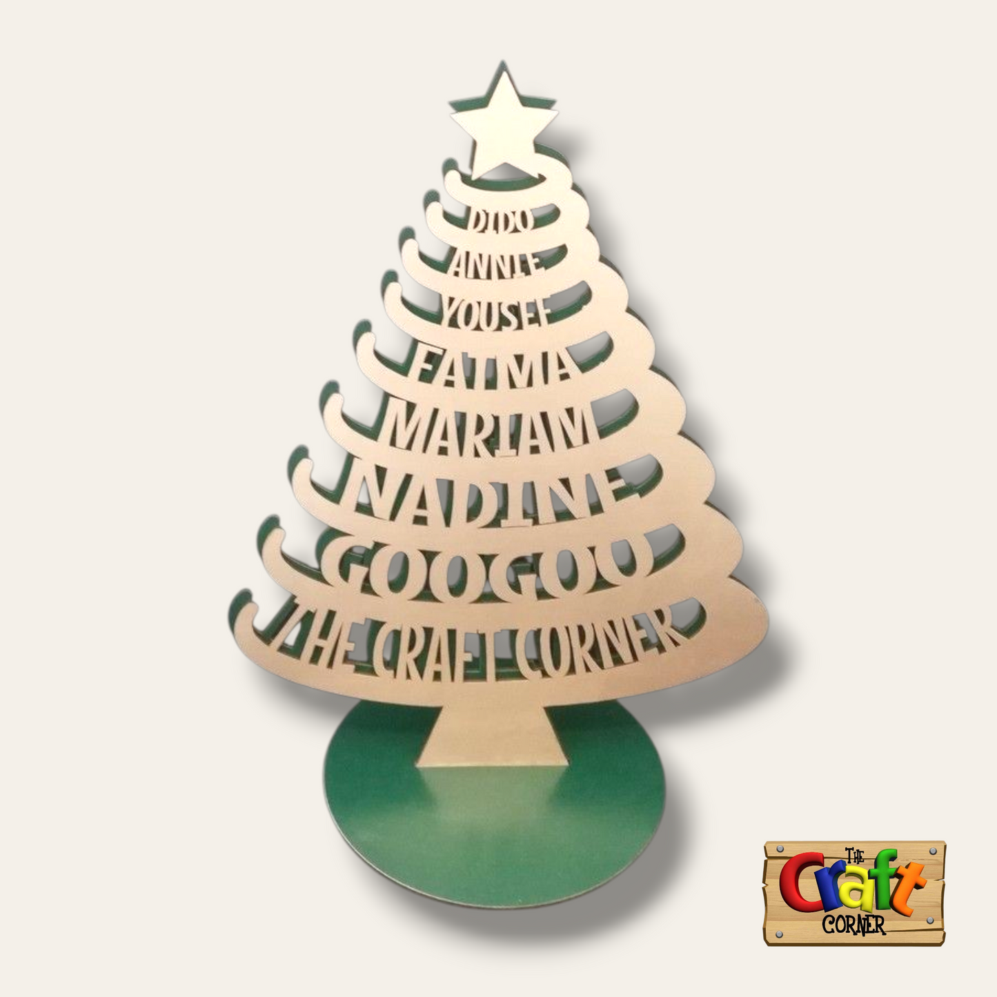 Christmas tree: Personalized Wooden names Christmas tree (green x gold)