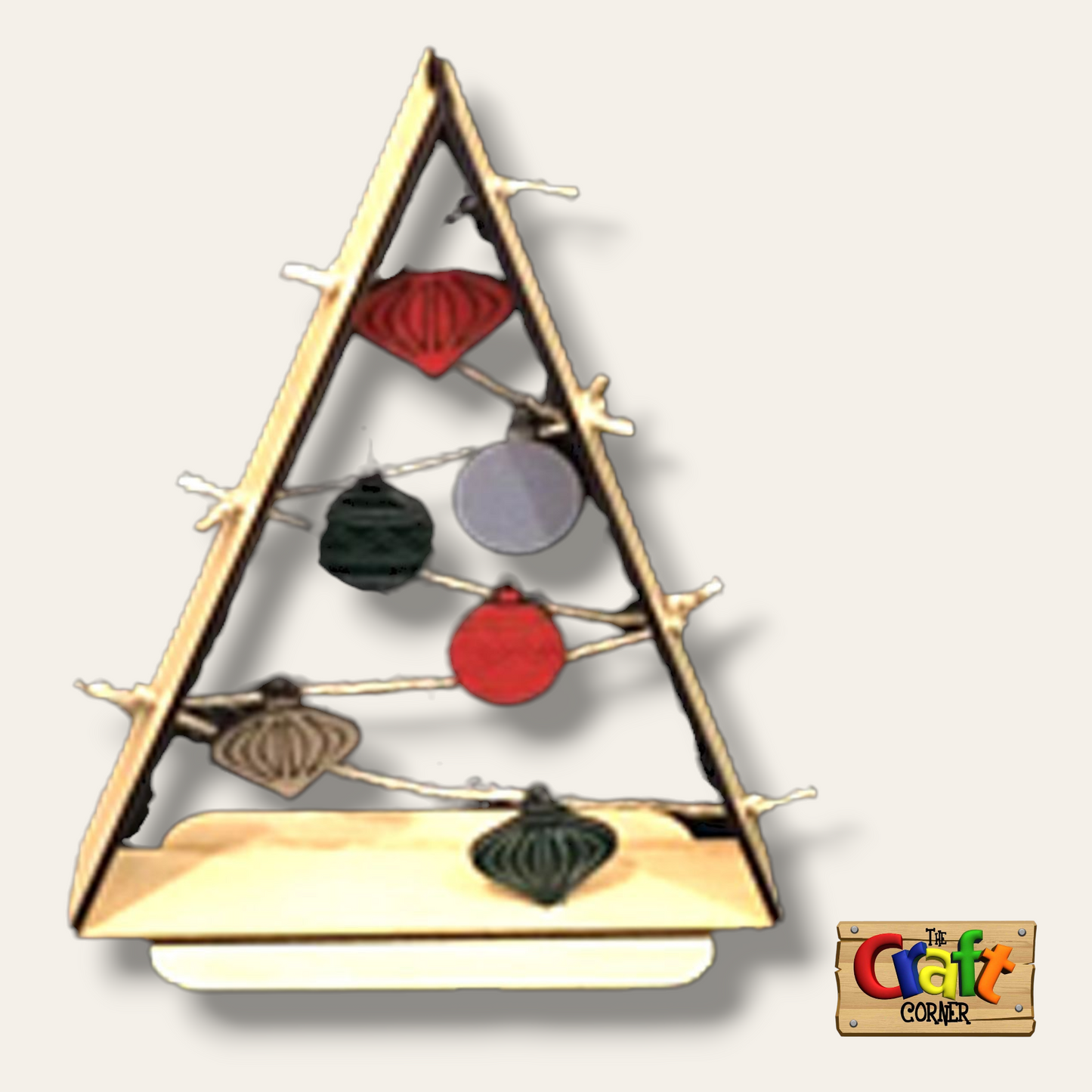 Christmas Tree: Wooden tree with ornaments on a string