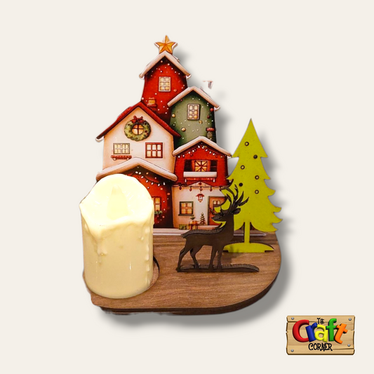 Candle holder: Wooden Layered Christmas house scene