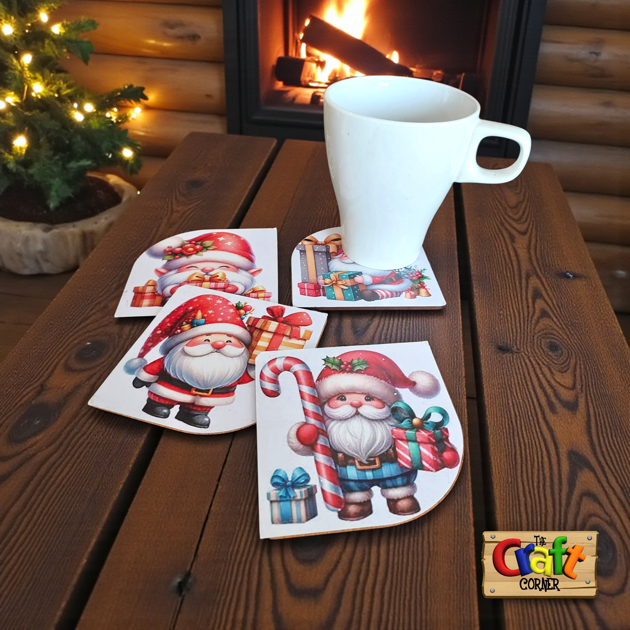 Coaster: Wooden 2D printed Christmas coaster set (Santas 1)