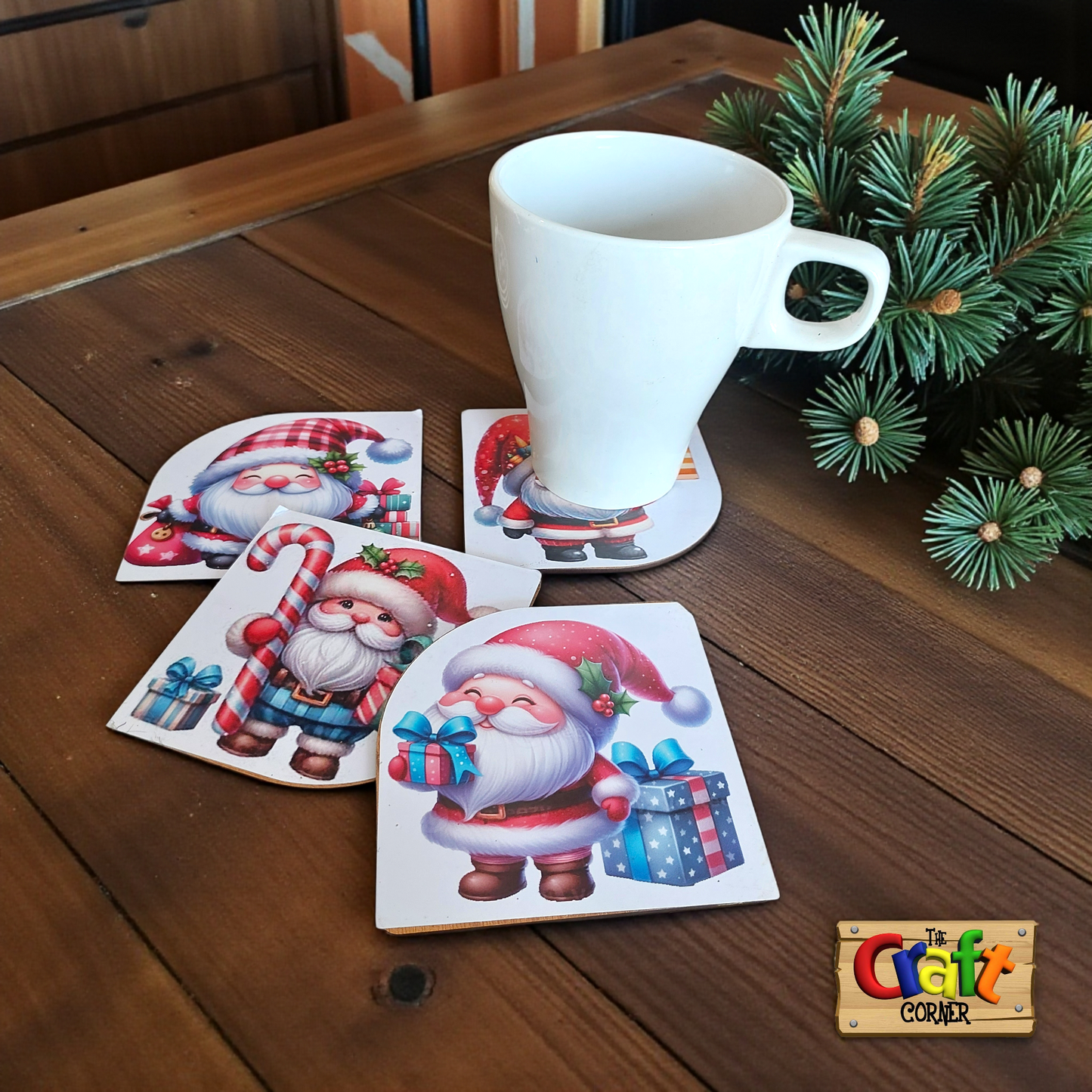 Coaster: Wooden 2D printed Christmas coaster set (Santas 2)