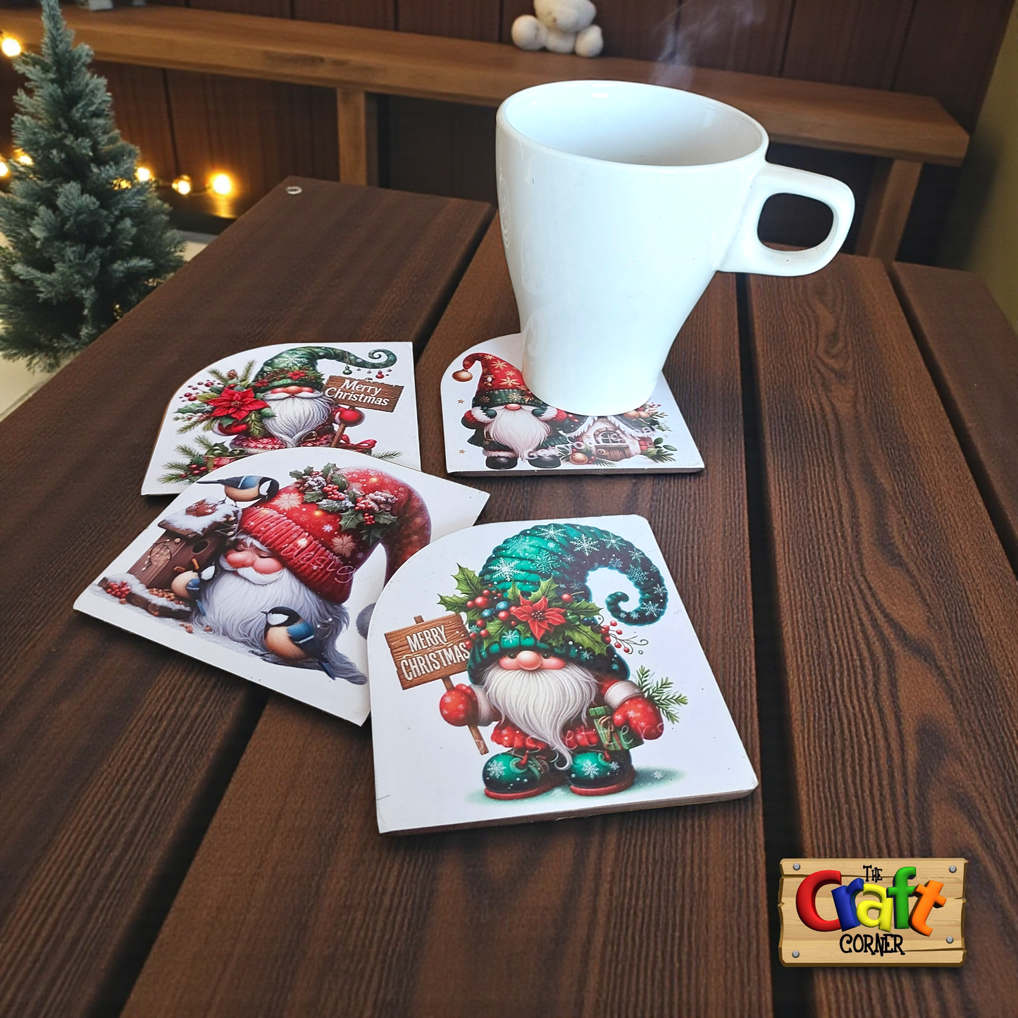 Coaster: Wooden 2D printed Christmas coaster set (Gnomes)