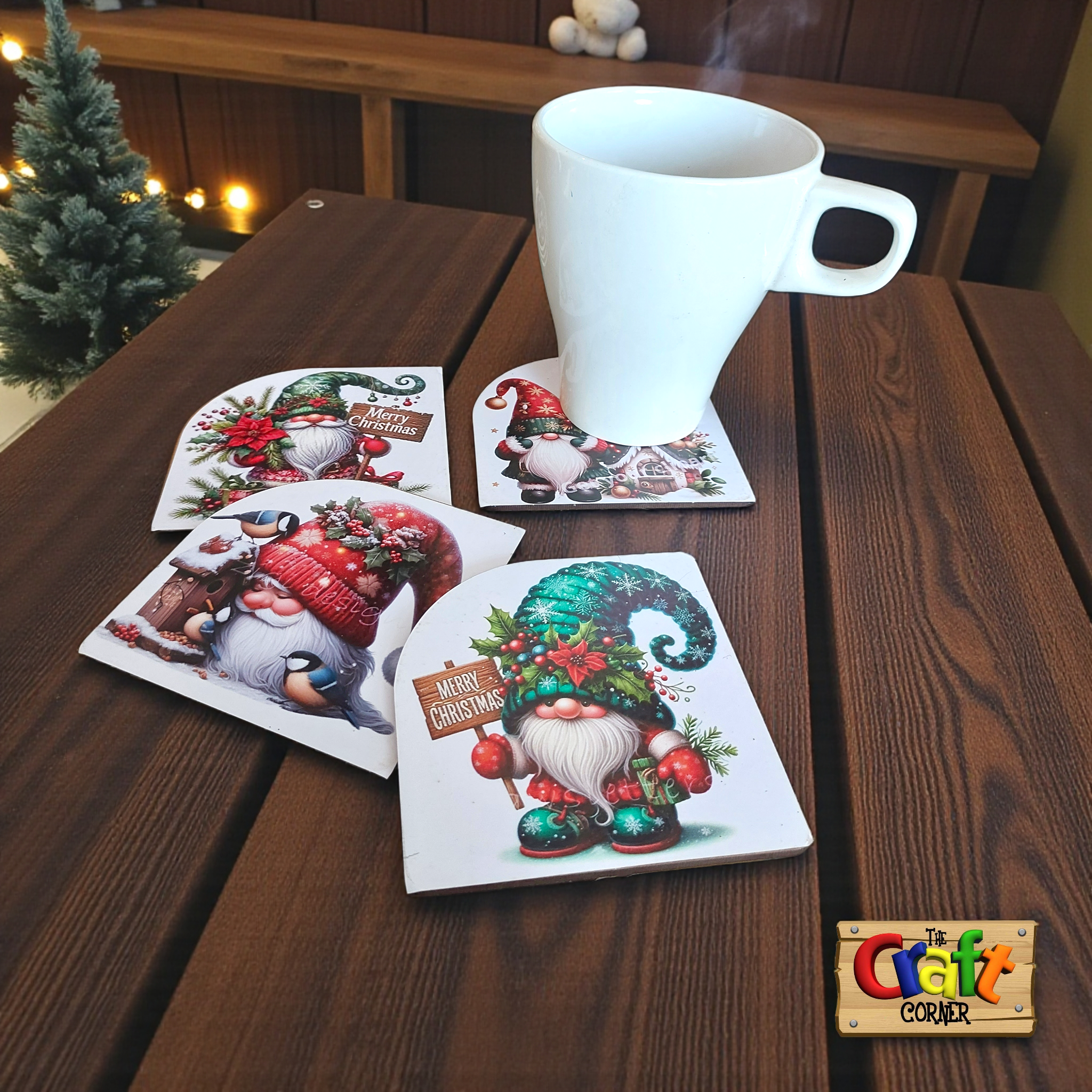 Coaster: Wooden 2D printed Christmas coaster set (Gnomes)
