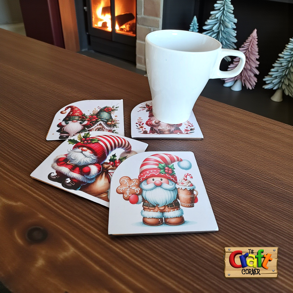 Coaster: Wooden 2D printed Christmas coaster set (Gnomes 2)