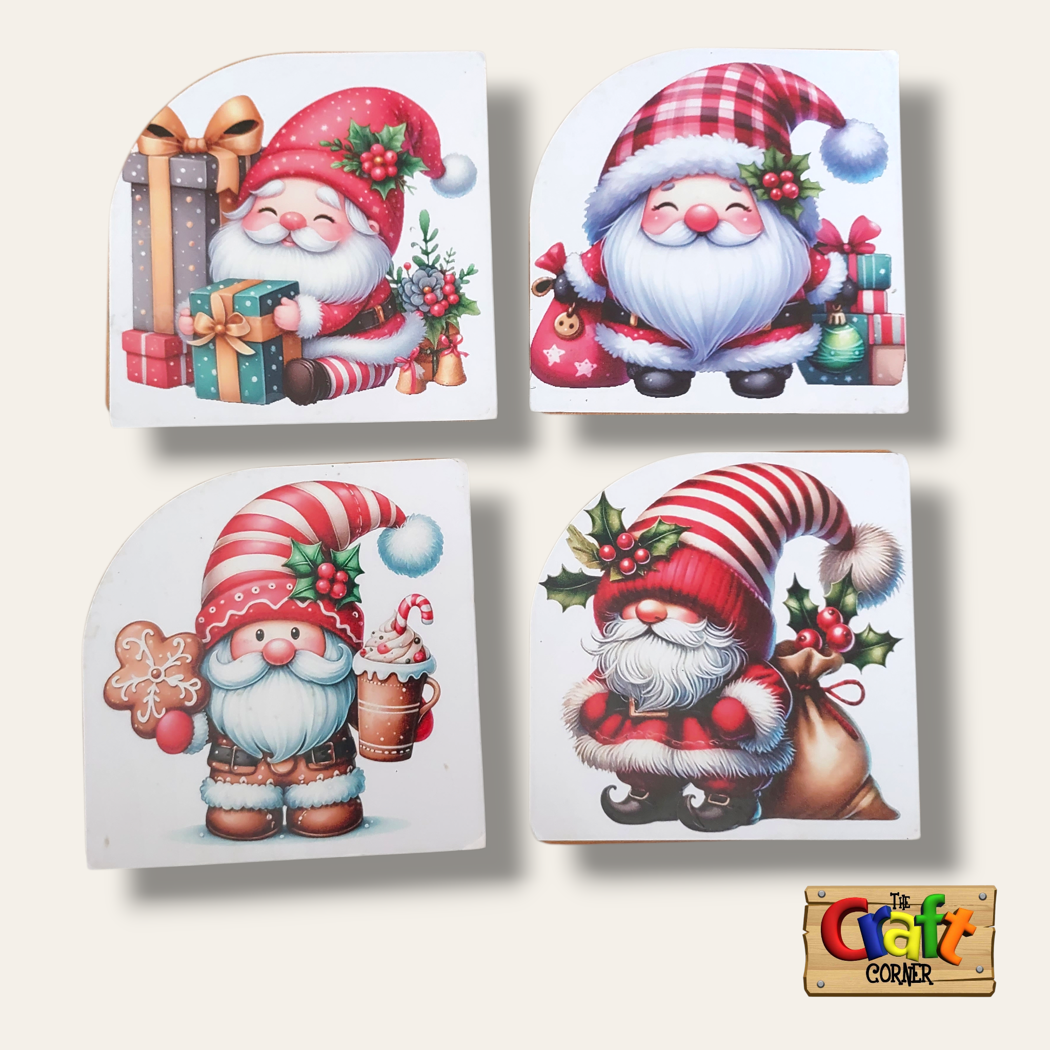 Coaster: Wooden 2D printed Christmas coaster set (Santas 4)