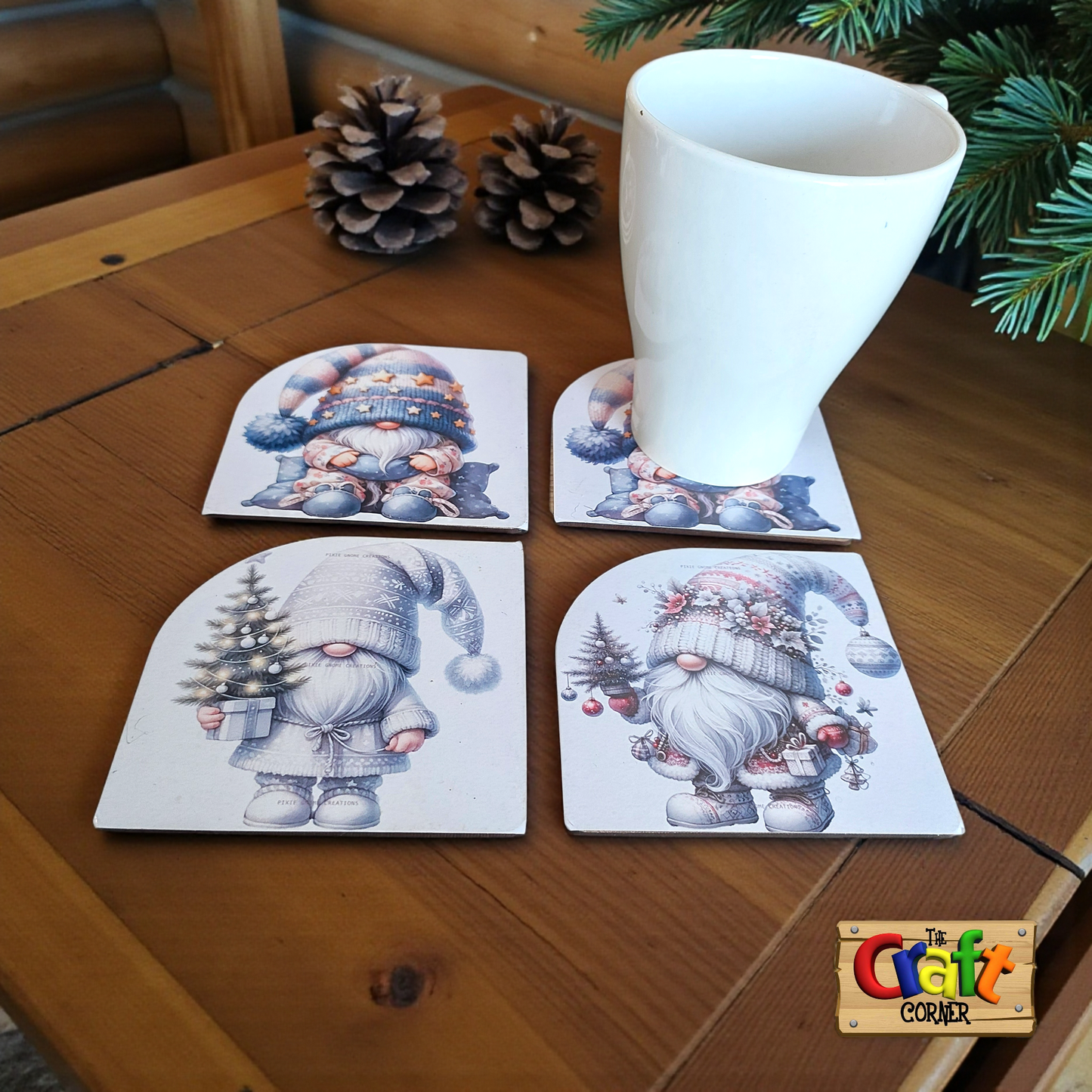 Coaster: Wooden 2D printed Christmas coaster set (Santas 3)