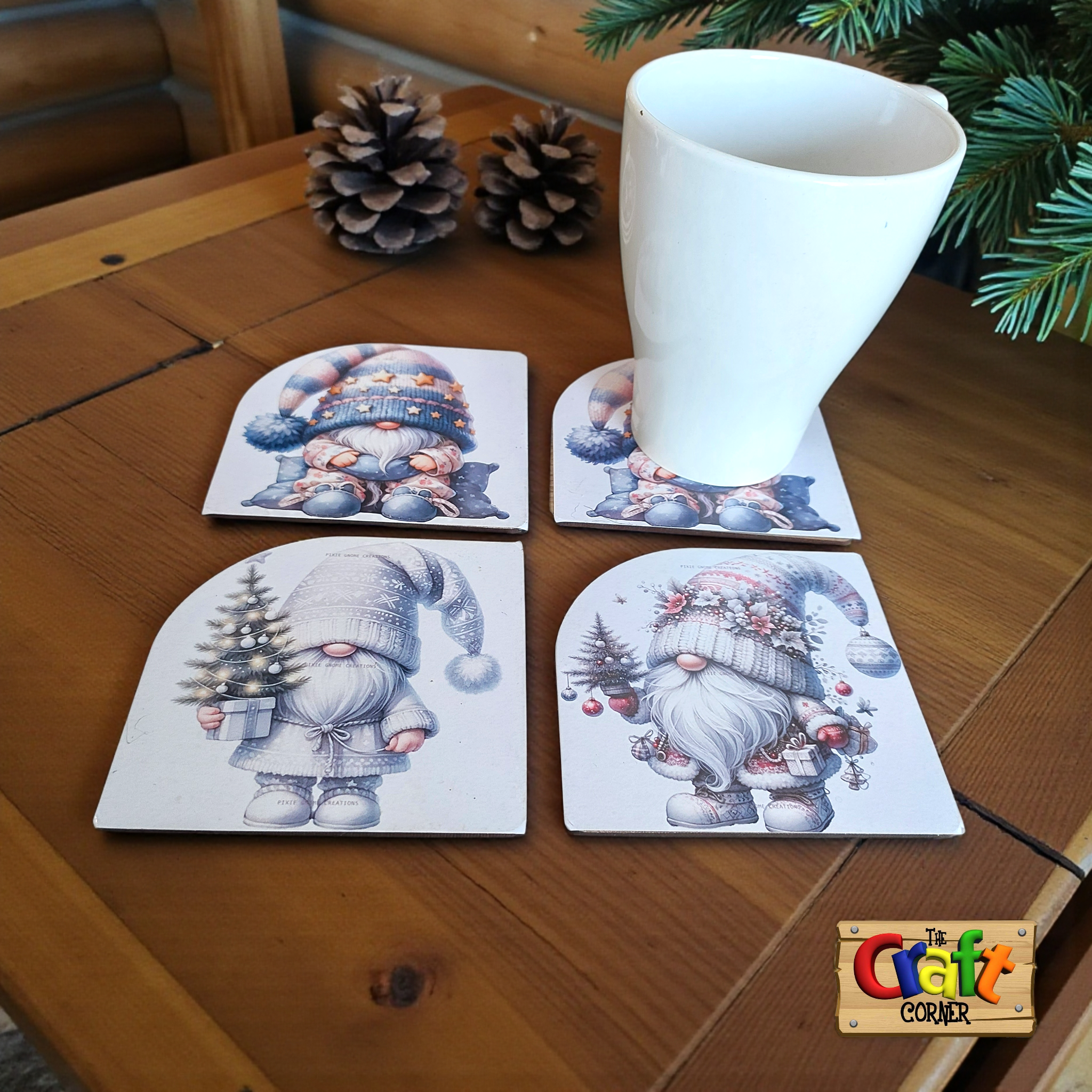 Coaster: Wooden 2D printed Christmas coaster set (Santas 3)