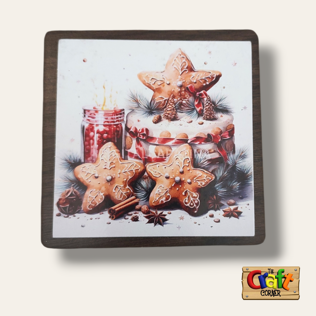 Coaster: Wooden 2D printed Christmas coaster set (Christmas cookies)
