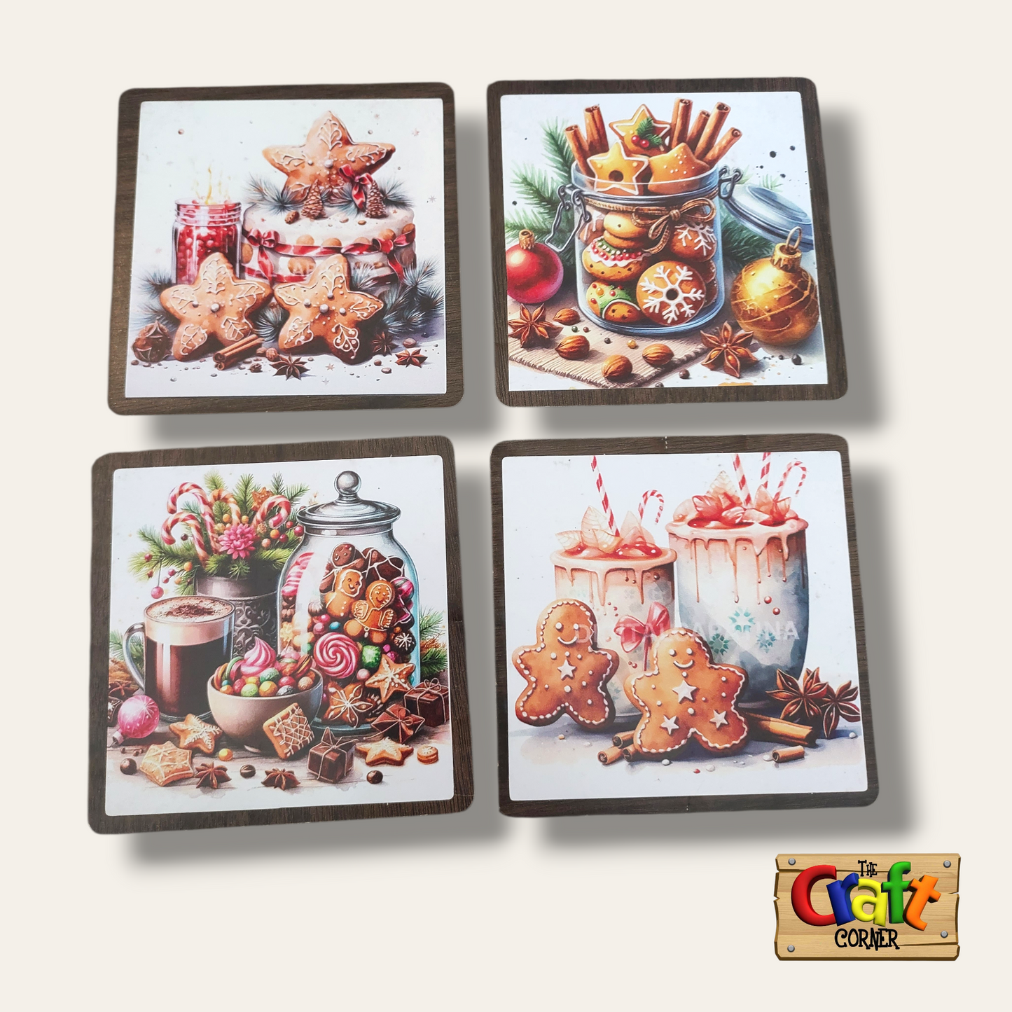 Coaster: Wooden 2D printed Christmas coaster set (Christmas cookies)