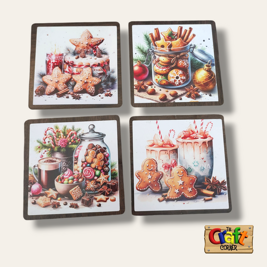 Coaster: Wooden 2D printed Christmas coaster set (Christmas cookies)