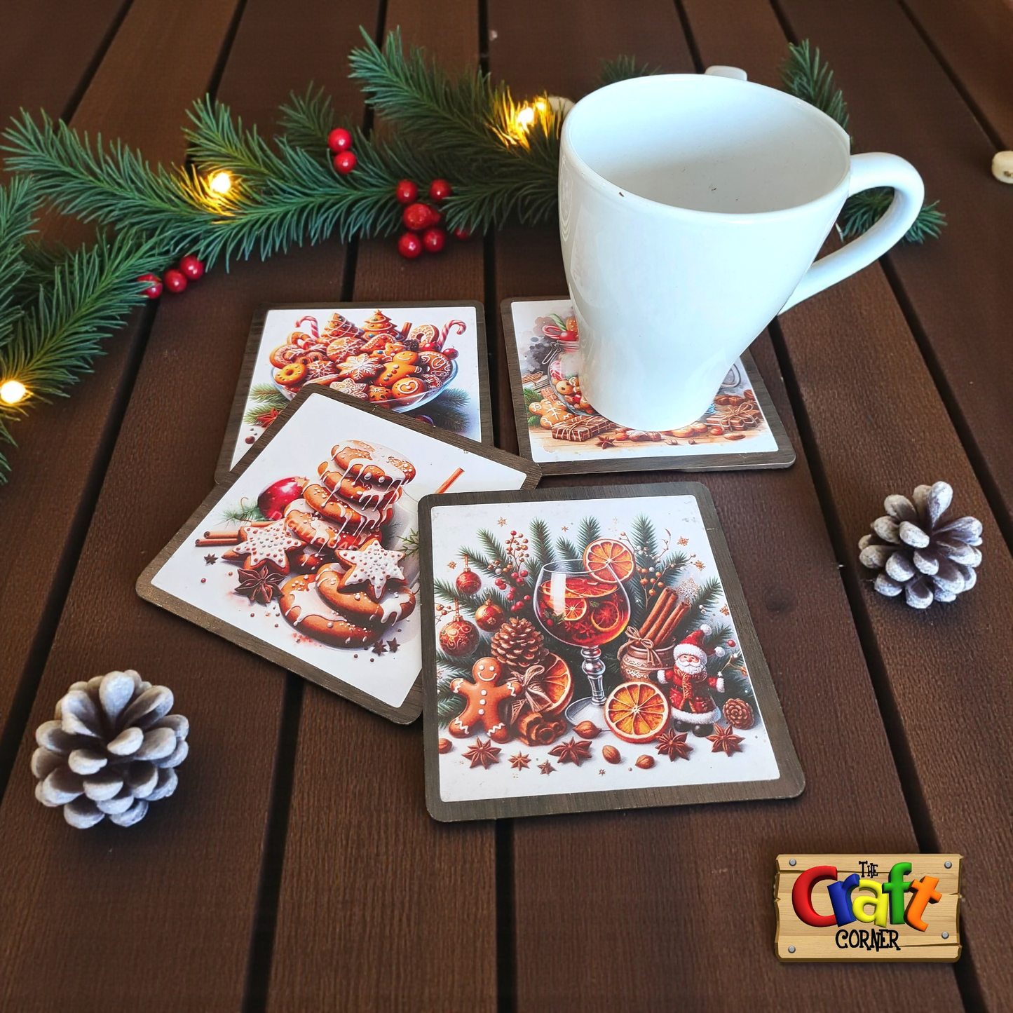 Coaster: Wooden 2D printed Christmas coaster set (Christmas cookies 2)