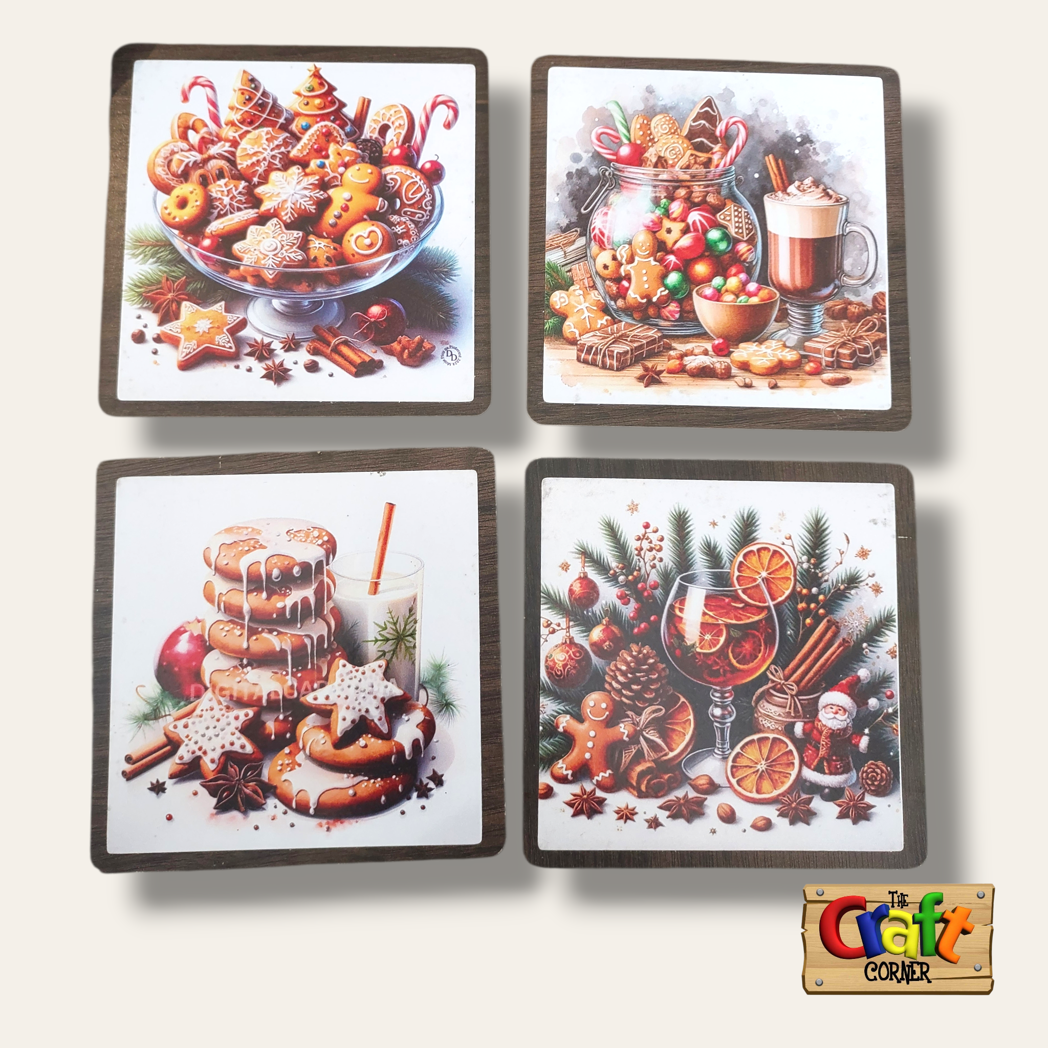 Coaster: Wooden 2D printed Christmas coaster set (Christmas cookies 2)