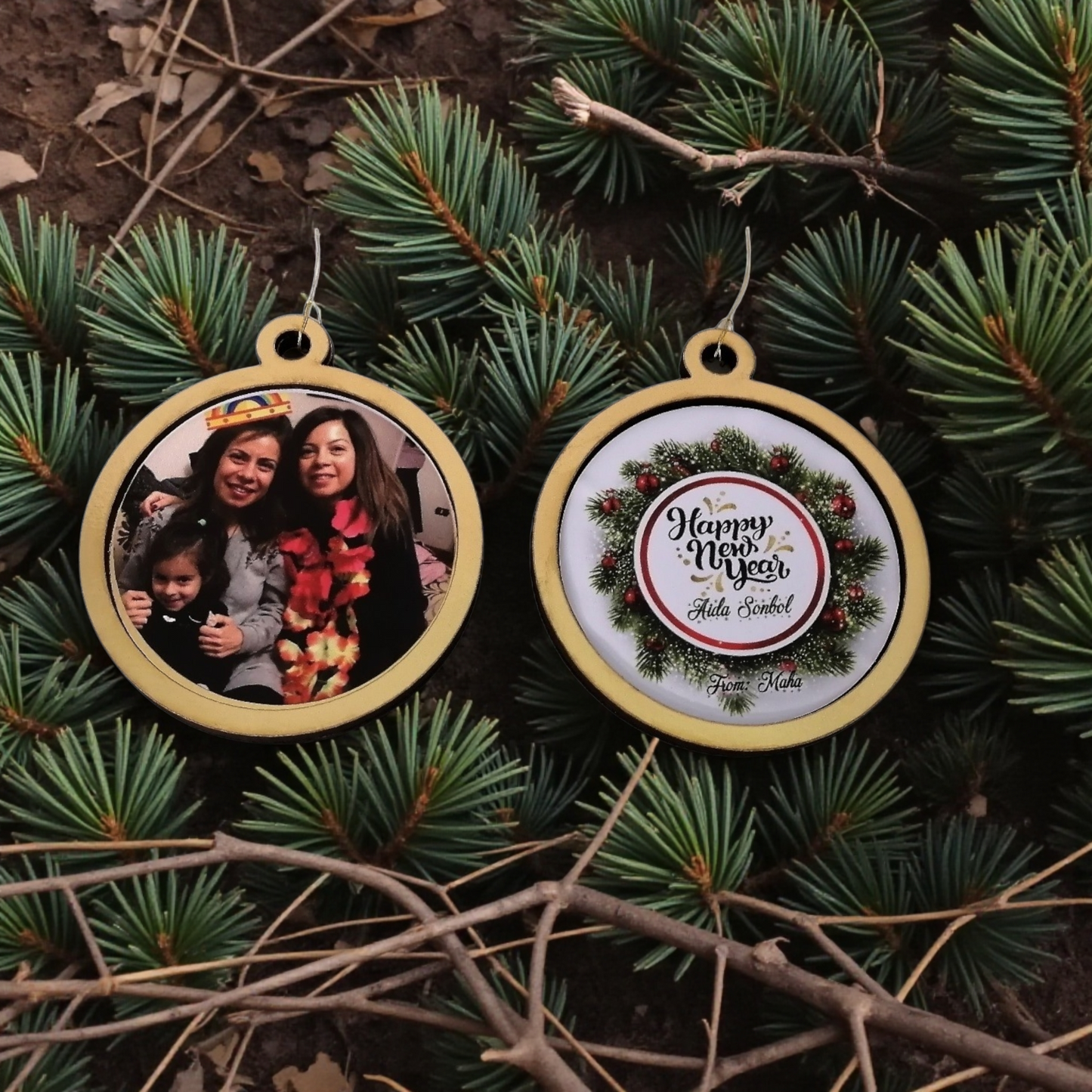 Ornament: Personalized Wooden double sided picture ornament