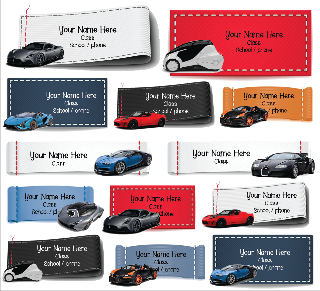 "Cool cars" large waterproof school labels