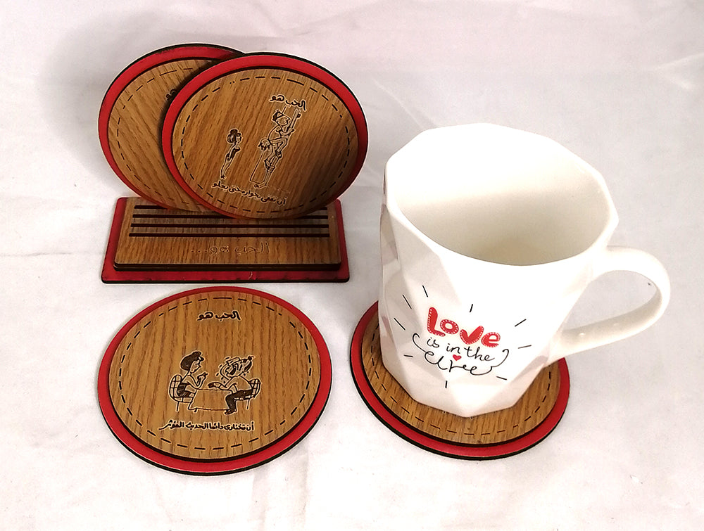 Wooden coasters الحب هو (set of 4) with stand (red circles)